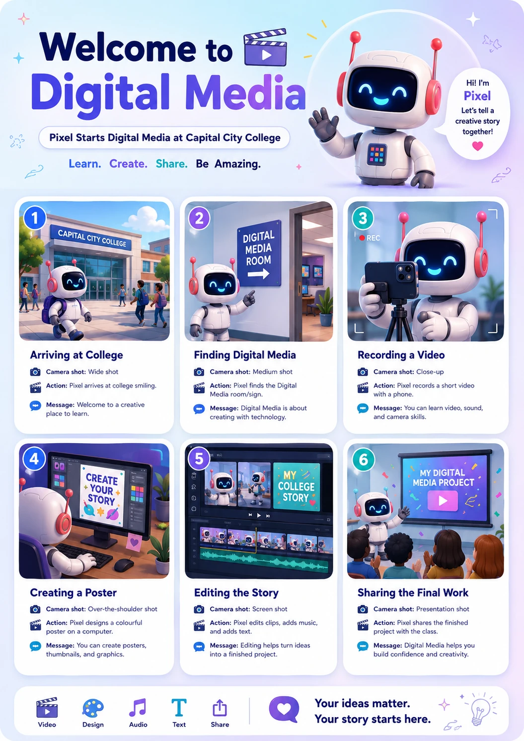Storyboard poster showing Pixel learning Digital Media at Capital City College